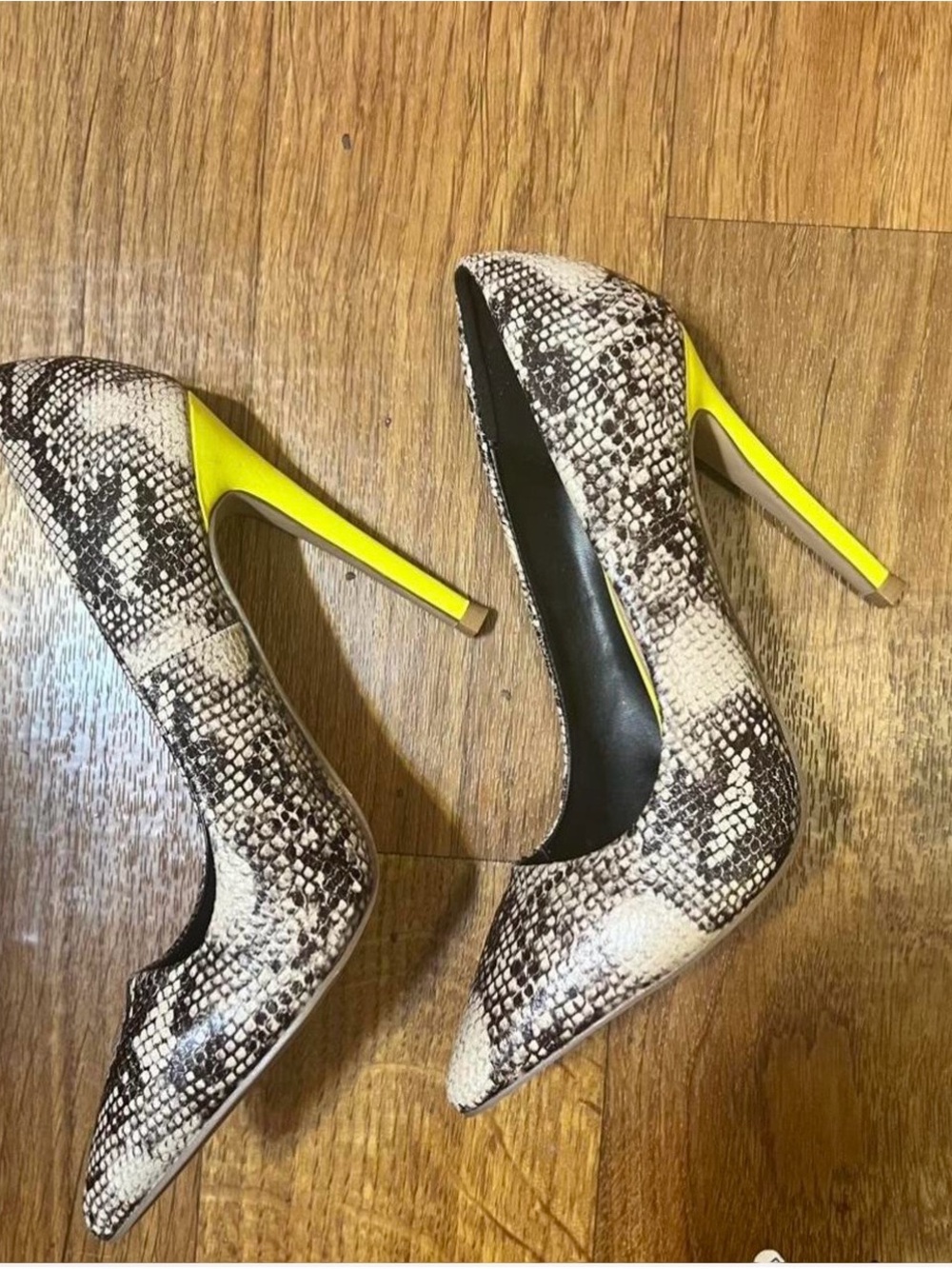 Shoe Dazzle Snake-Print Pumps with Neon Yellow Heel
